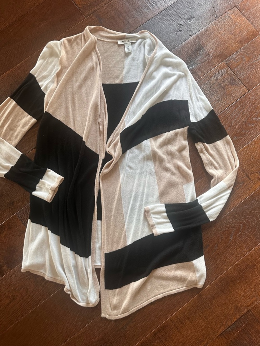 White House Black Market Long Colorblock Open Cardigan Black, White, Tan M